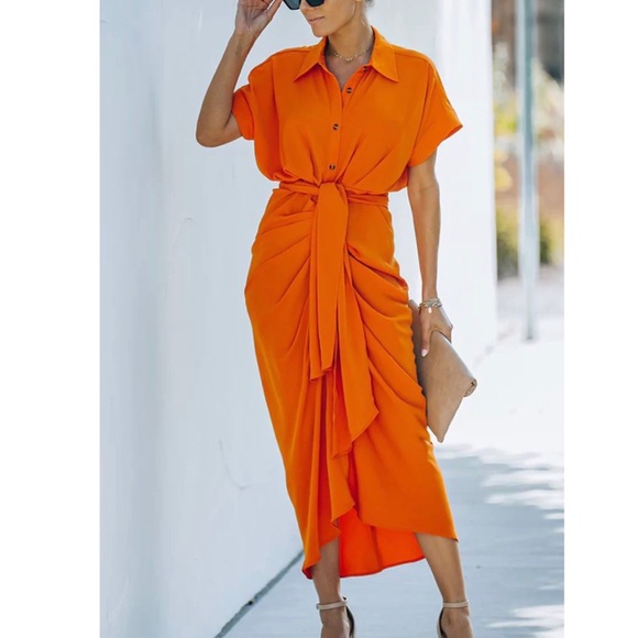 Tie Front Botton Down Midi Shirt Dress - Picture 2 of 4